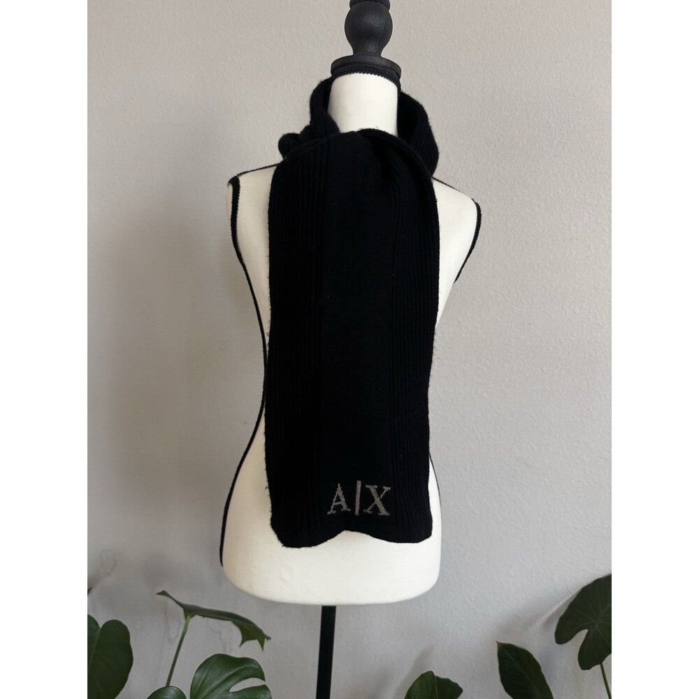 Vintage Armani Exchange Men’s Ribbed Scarf Black 100% Merino Wool 61"x8.5”
